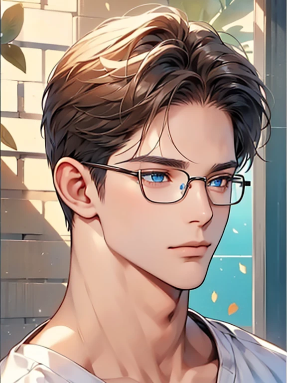 masterpiece, best quality, 1male, brunette hair, blue eyes, glasses, white shirt, mugshot, wall background, detailed eyes, detailed facial features, realistic and high resolution (best quality, 4k, 8k, highres, masterpiece:1.2)