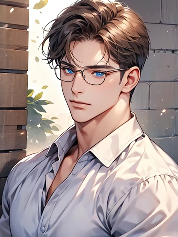 masterpiece, best quality, 1male, brunette hair, blue eyes, glasses, white shirt, mugshot, wall background, detailed eyes, detailed facial features, realistic and high resolution (best quality, 4k, 8k, highres, masterpiece:1.2)