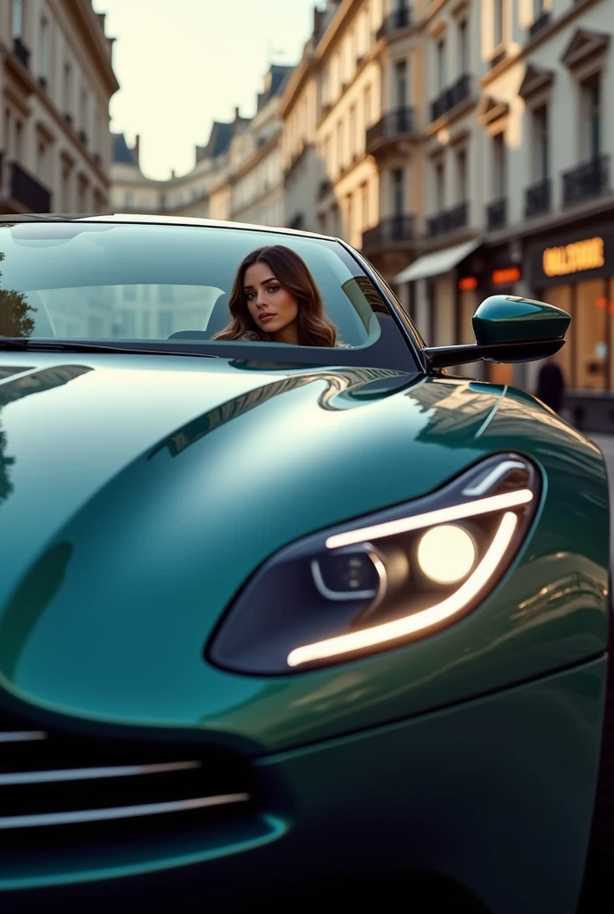A stunning beauty in an Aston Martin DB11 driving through the streets of London