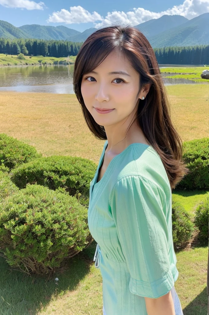 ((Highest quality)), ((masterpiece)), (detailed), Perfect Face,Japanese,landscape,Mature Woman,Upper Body,F Cup