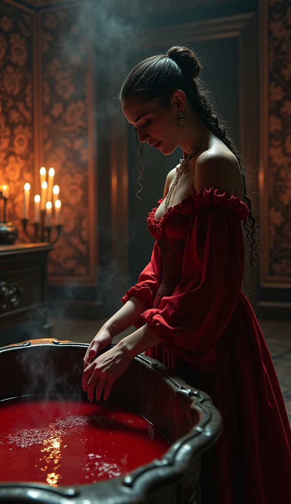Close-up shot, Low angle shot, (A dimly lit, candle-lit chamber within the castle, with the walls covered in dark, ornate tapestries. In the center of the room, a large, ornate bathtub filled with dark red liquid, steam rising ominously from its surface. Elizabeth Báthory stands beside the tub, her hand delicately trailing through the blood, her expression serene and almost detached. She wears a crimson robe, her hair flowing freely down her back, and the light from the candles casts flickering shadows across her face, creating a chilling and otherworldly atmosphere.) unreal engine, cinematic, hyper-real, highly detailed, Ultra realistic HD --q 2 --v 6.1 --ar 9:16  