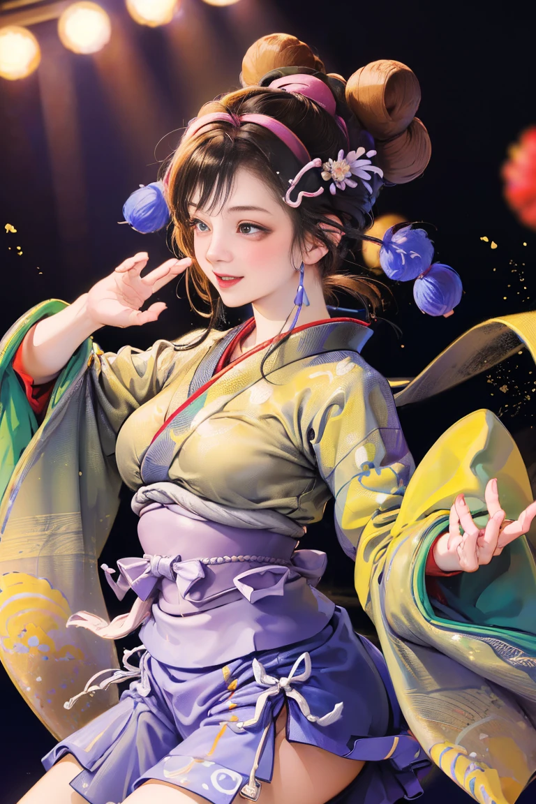 (Japan Bon Odori,最高masterpiece,Highest quality), Hot August,Bright vibrant anime art,People of all ages and genders dance and dance, Dancing in yukata,Laughing and dancing, Showing white teeth,Men and women dance in a circle, masterpiece,Highest quality,High resolution,