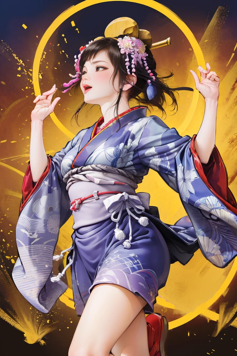 (Japan Bon Odori,最高masterpiece,Highest quality), Hot August,Bright vibrant anime art,People of all ages and genders dance and dance, Dancing in yukata,Laughing and dancing, Showing white teeth,Men and women dance in a circle, masterpiece,Highest quality,High resolution,