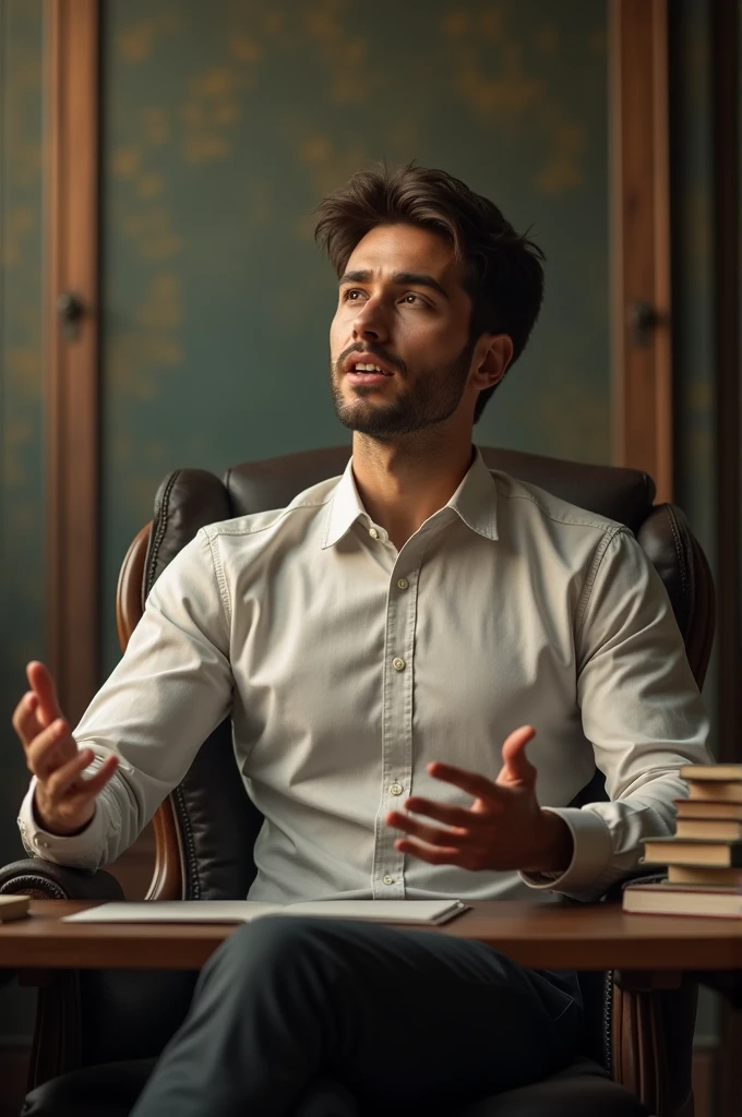 A fit man of 25 years age explaining about history by sitting on a chair with background of blur history background as a professor