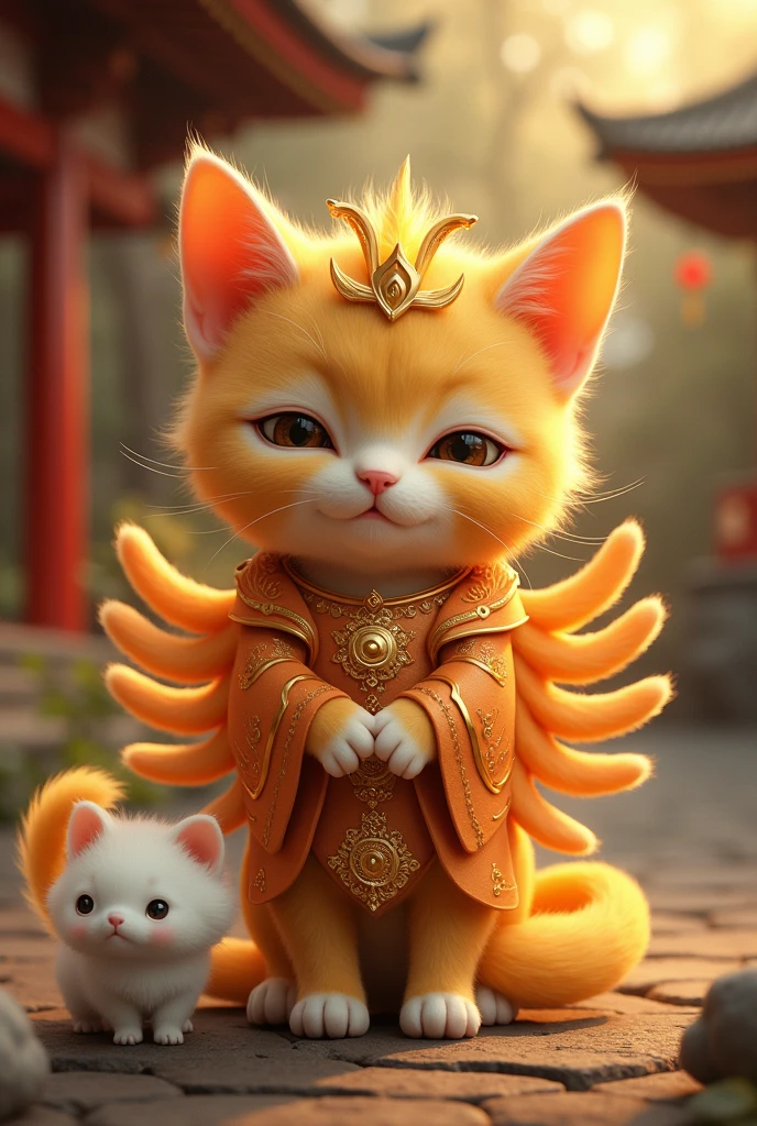 A cute and charming golden Thousand-Armed Kannon kitten、An atmospheric temple、Cinematic lighting、Cute white cat