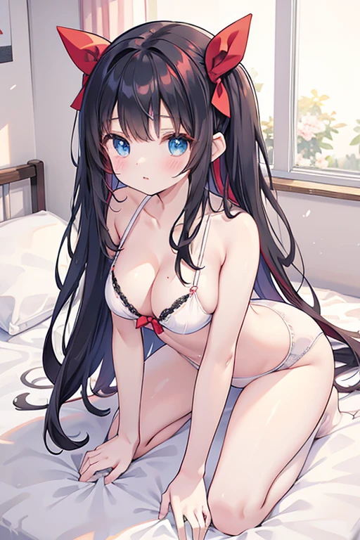 Osaka Prefecture、Nijigasaki Gakuen、Long Hair、Black Hair、Red Hair Ribbon、Straight hair、blue eyes、Bedroom、On all fours、White bra、White panties、Big Breasts、cute、ultra hi resolution picture、Detailed Background、looking at the camera、In underwear