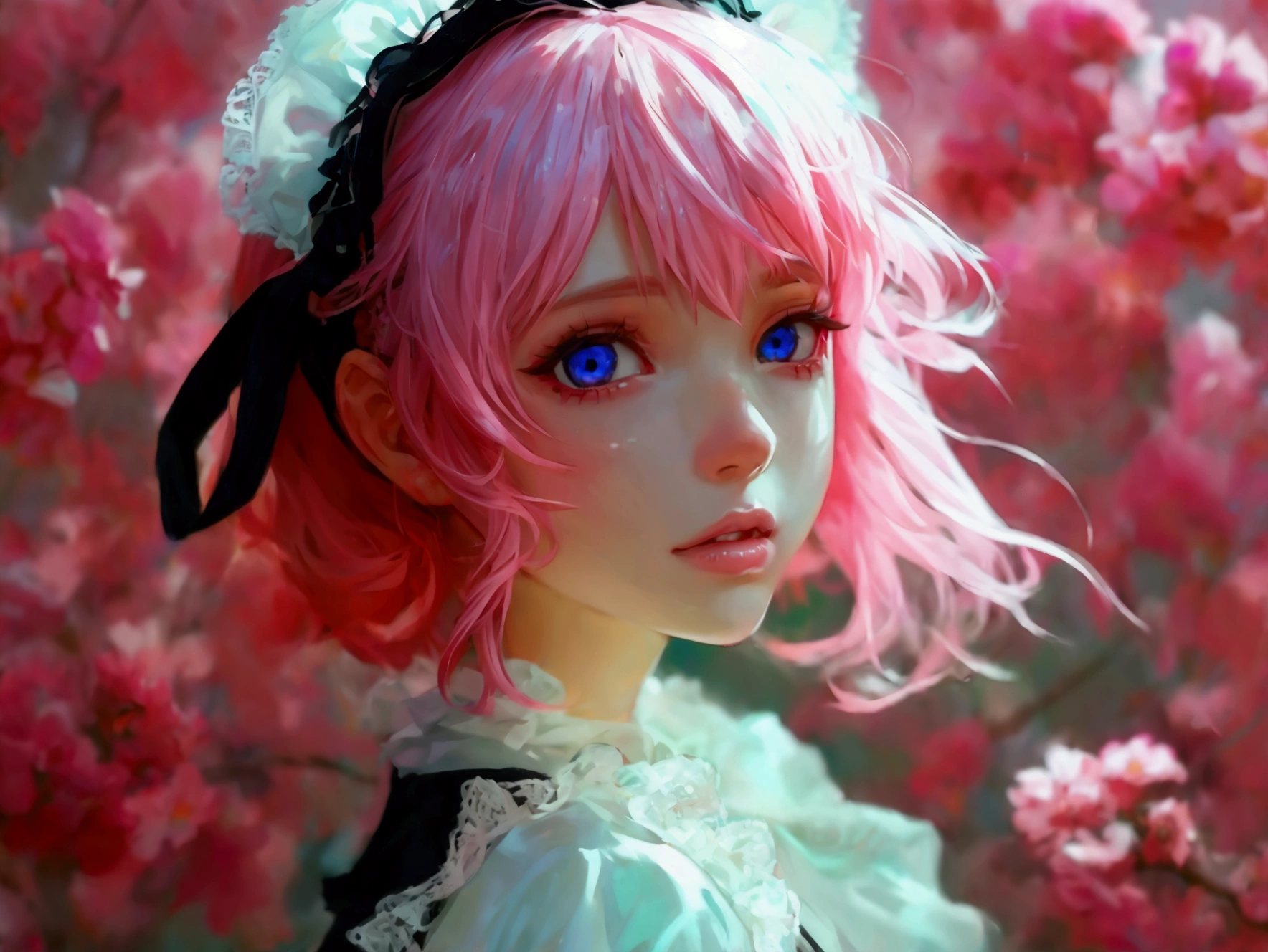 woman,pink hair,Maid outfit,,Two-color eyes,middle bust