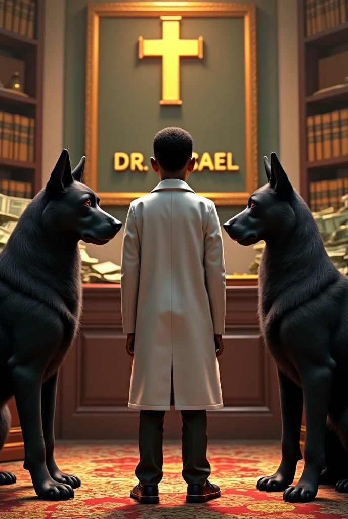 (photorealism:1.2), a Text written "Dr.Israel", with money filled all over the place, many royal black cars, two big black royal dogs , a big stethoscope,  a rich background, thanking god, a african boy turned backside wearing doctors coat standing in front, jesus christ cross symbol