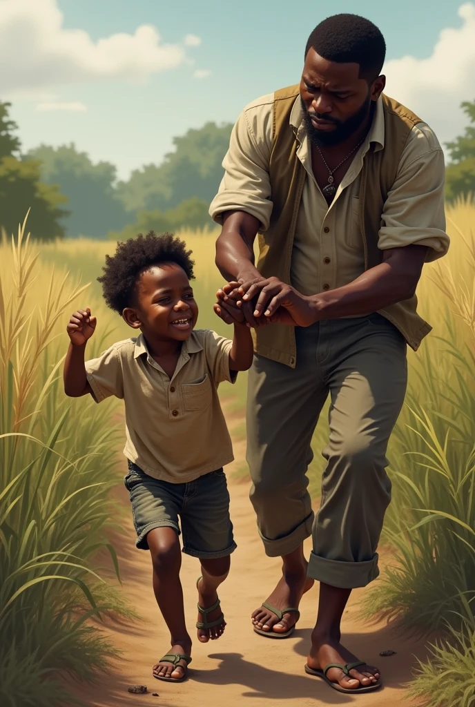 Un enfant noir qui ne veut pas aller au champs et son père le tiens par la main de force