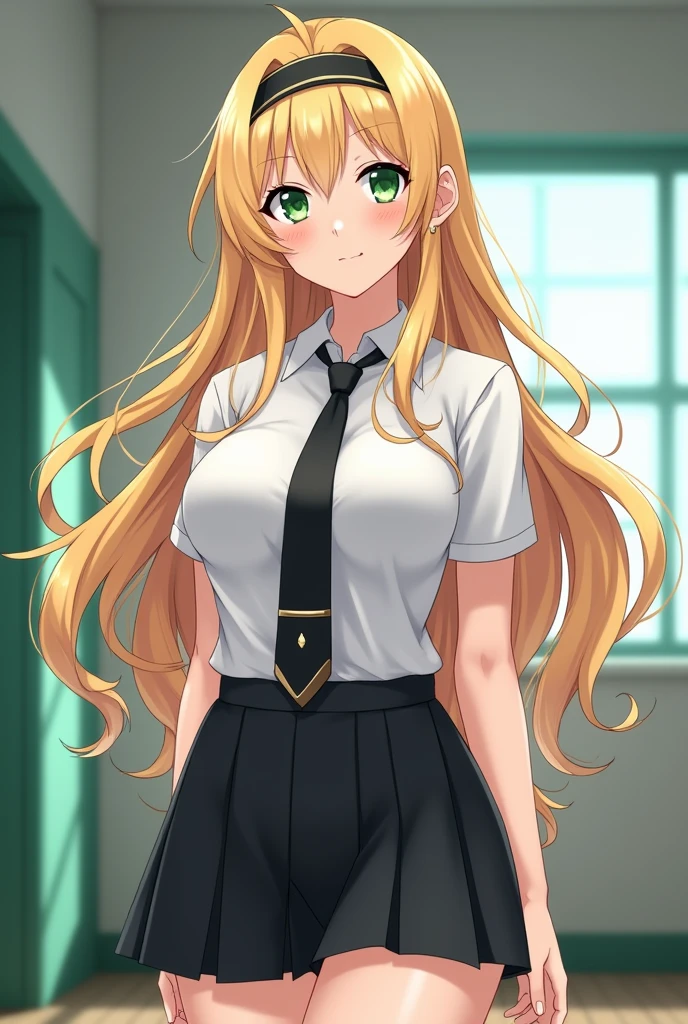 Beautiful anime girl with long, loose blonde hair with soft waves. His eyes are emerald green without pupils. He is 1.90 m tall and has an athletic and toned build. Their skin tone is white and their face shape is oval or heart-shaped, with defined cheekbones and a soft jawline. Mey wears a white school shirt with a black men's tie with elegant touches, a short skirt and a headband that wraps her hair, with a large chest size. Represent Mey in an anime style, maintaining the characteristic features of this style, such as large expressive eyes, the use of bright colors.