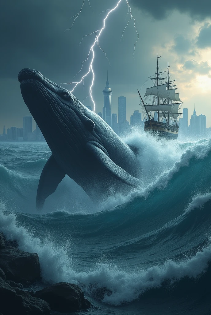Whale with modern city above in a storm and old sailing ship