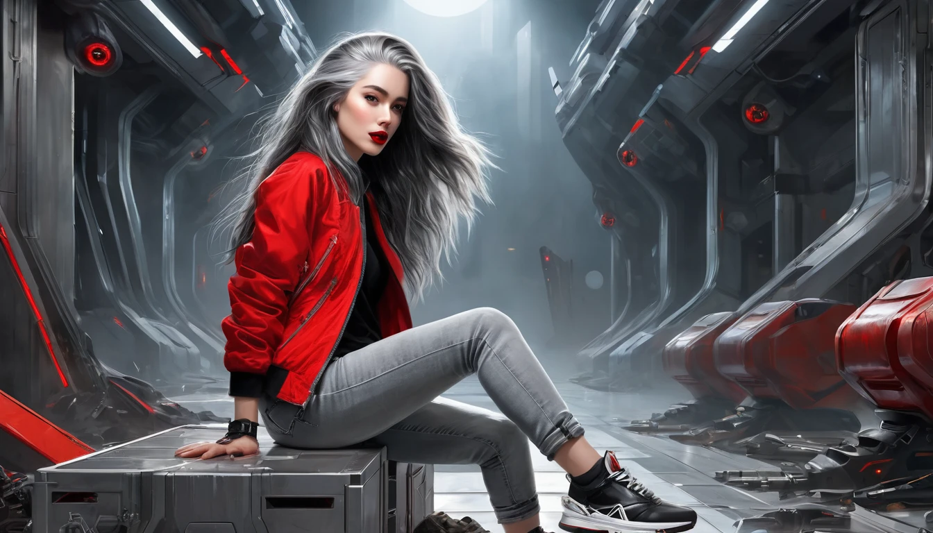 (Sci-Fi Fantasy), (masterpiece), (Professional Oil Painting) (Highest quality), (8k resolution), (1 beautiful girl), ((Pale grey skin)), (Iron grey skin), ((Jeans Clothes)),(Red jacket)), ((Black t-shirt underneath), ((Red lipstick)), ((Black sneakers)), (Concept Art), Small box, (Long Hair), (Messy Hair), (Gray Hair), (Iron-gray hair), ((With futuristic weapons)), (ammunition), ((Moonlight at night)), (Sit down and think))