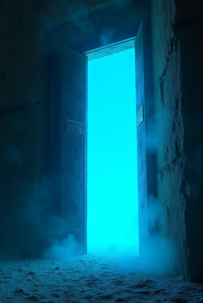 The moment the hidden metallic door opens, releasing a bright, blinding blue light that fills the dusty, dark passageways of the pyramid.