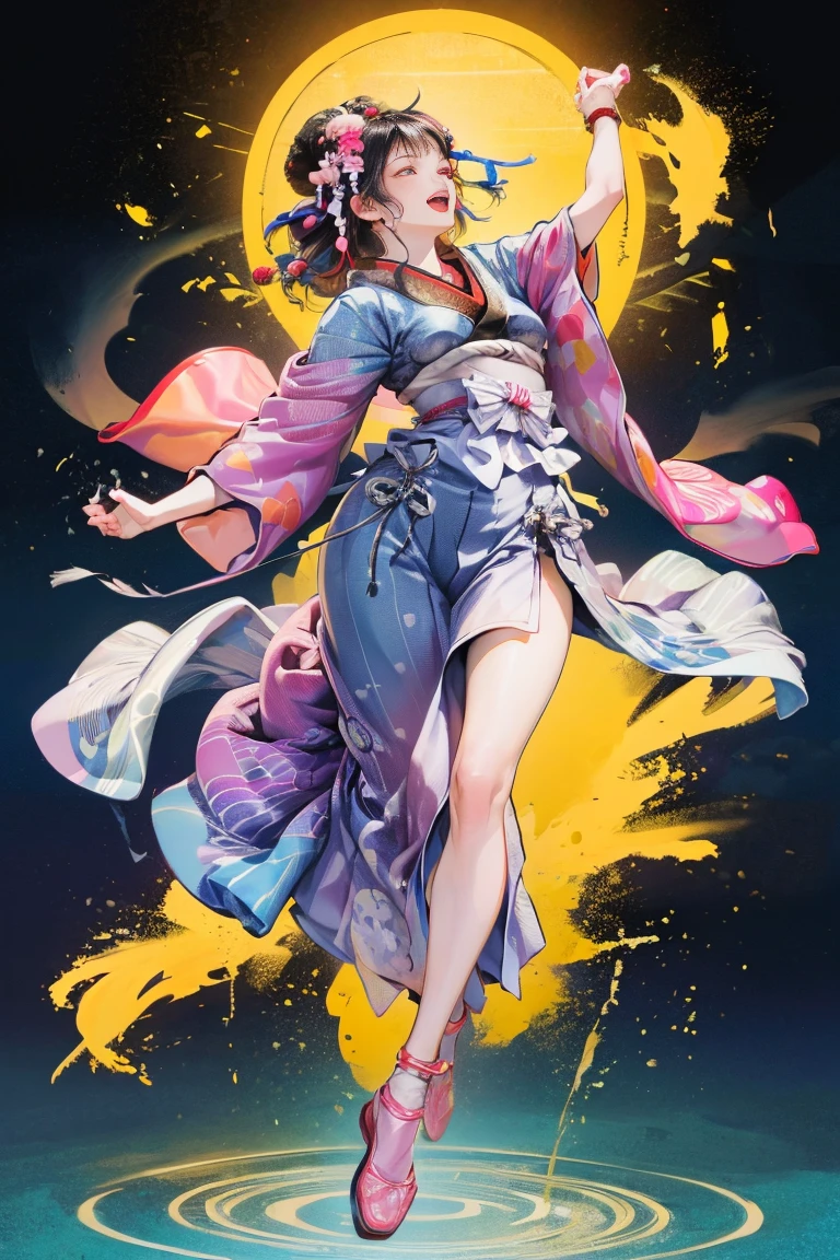 (Japan Bon Odori,最高masterpiece,Highest quality), Hot August,Bright vibrant anime art,People of all ages and genders dance and dance, Dancing in yukata,Laughing and dancing, Showing white teeth,Men and women dance in a circle, masterpiece,Highest quality,High resolution,
