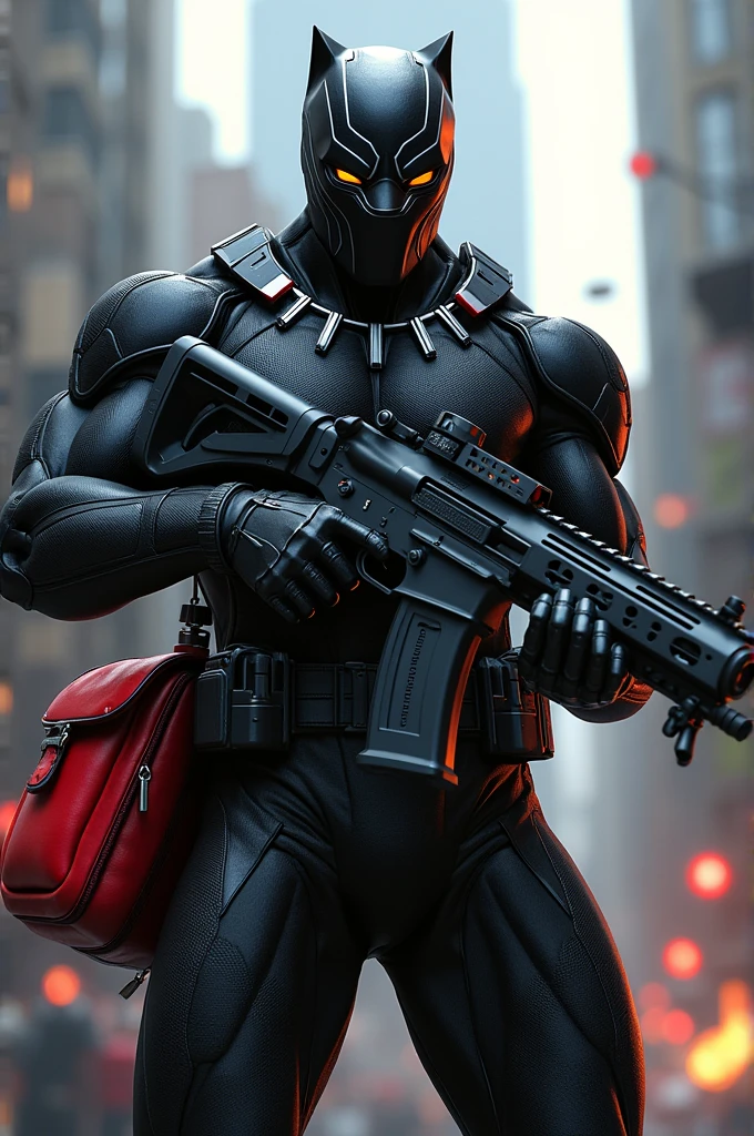 Black panther robotic shots showing gun whit red bag