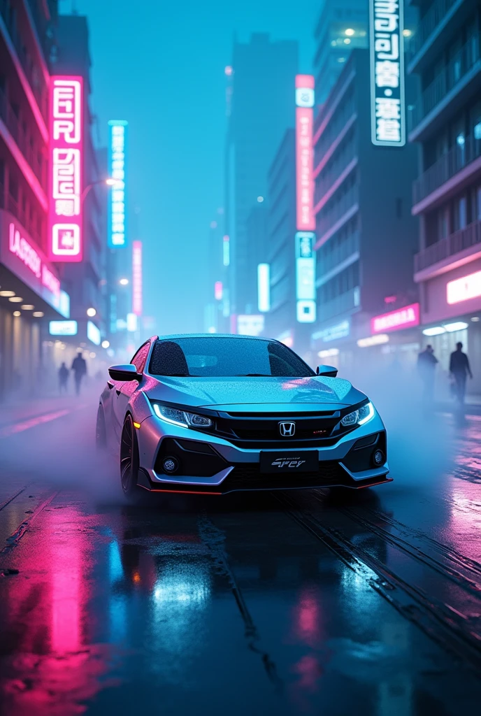 civic 1.5 ex in cyberpunk city with blue and pink neon lights and fog