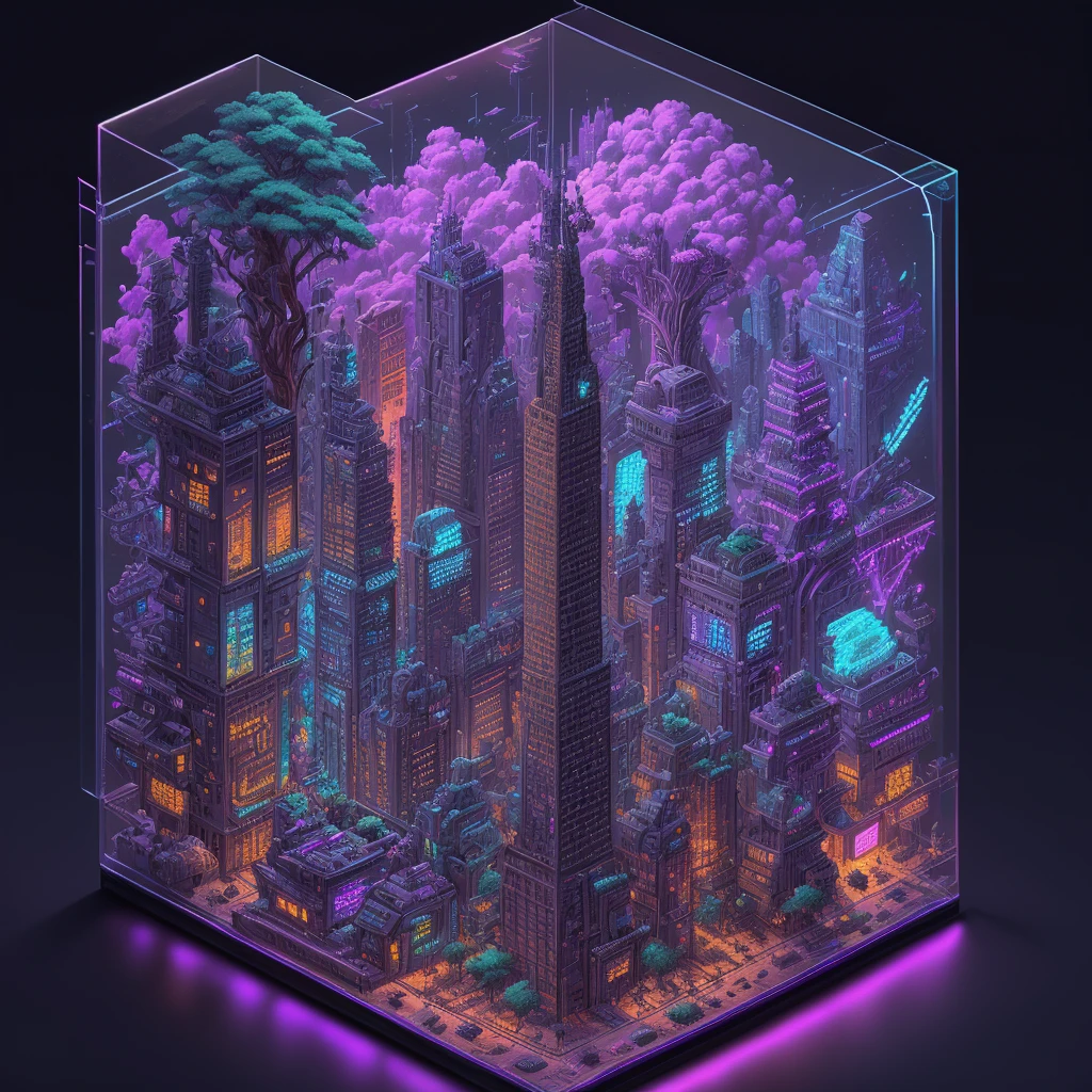 Iso-Pixel, trees, clouds, sci-fi city, cyberfunk city, cyberfunk style, colorful lightning, vehicles, inside glass box