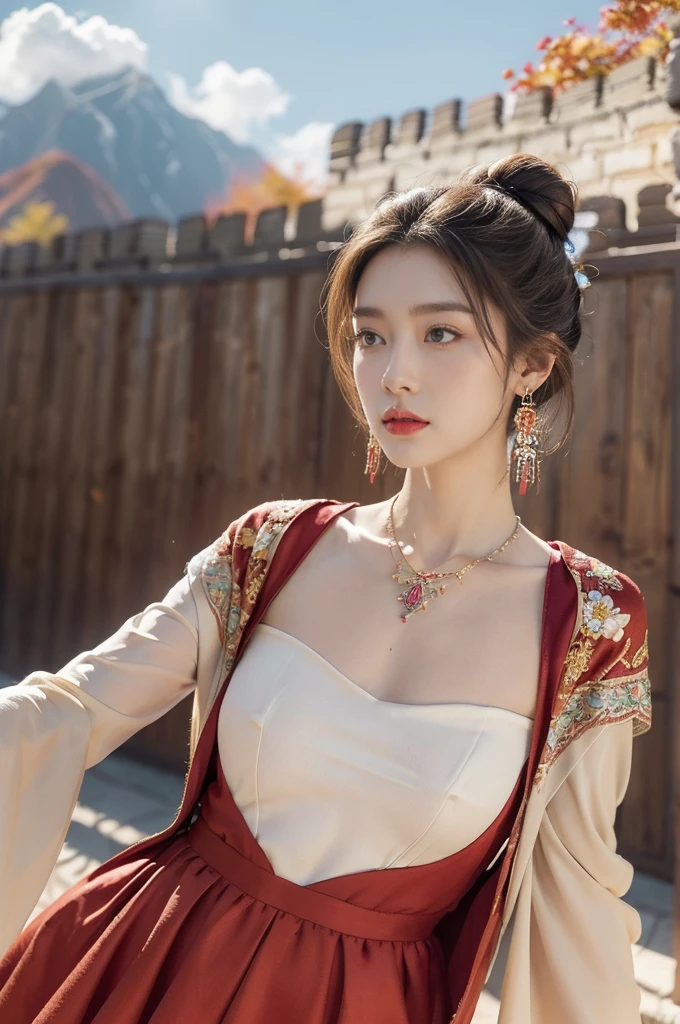 (((best quality))), (((ultra detailed))), (((masterpiece))), illustration,((1 beautiful girl,solo)),(on the Great Wall:1.3),(neat bun:1.2),((earrings,necklace)),((slim,thin)),((small breasts,flat chest)),((October, sunny, autumn,bright sunshine)), magnificent mountains,(maxi gorgeous Exquisite embroideried red dress:1.3),(stockings:1.3),(slender legs:1.2),(standing:1.3),gracefully,(detailed bright eyes:1.3),(fair skin:1.3), radiant,sparkling, vibrant colors,(colorful flowers:1.3), elegance, strength, perseverance, majestic, awe-inspiring, fluffy white clouds,((from front,upper body))