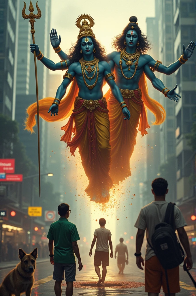 Lord krishna and shiva saving 40 years old women from a swallowed and big manhole near masjid india kuala lumpur Malaysia. Guarded dogs, firefigjters, the husband in green shirt and son in white shirt standing near and crying in happy tears 