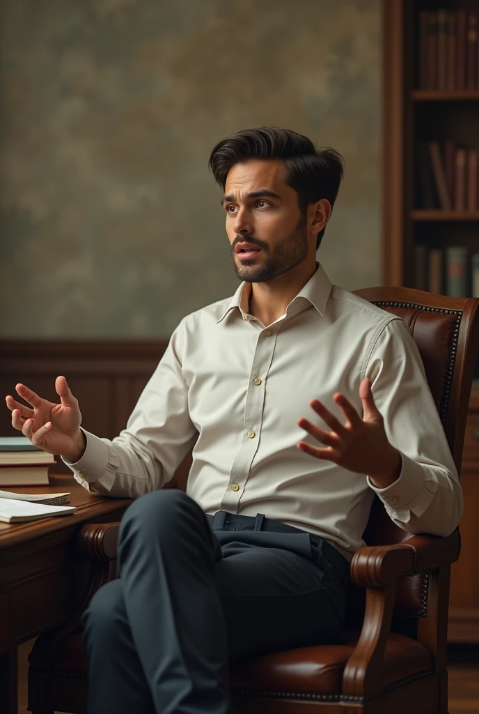 A fit man of 25 years age explaining about history by sitting on a chair with background of blur history background as a professor