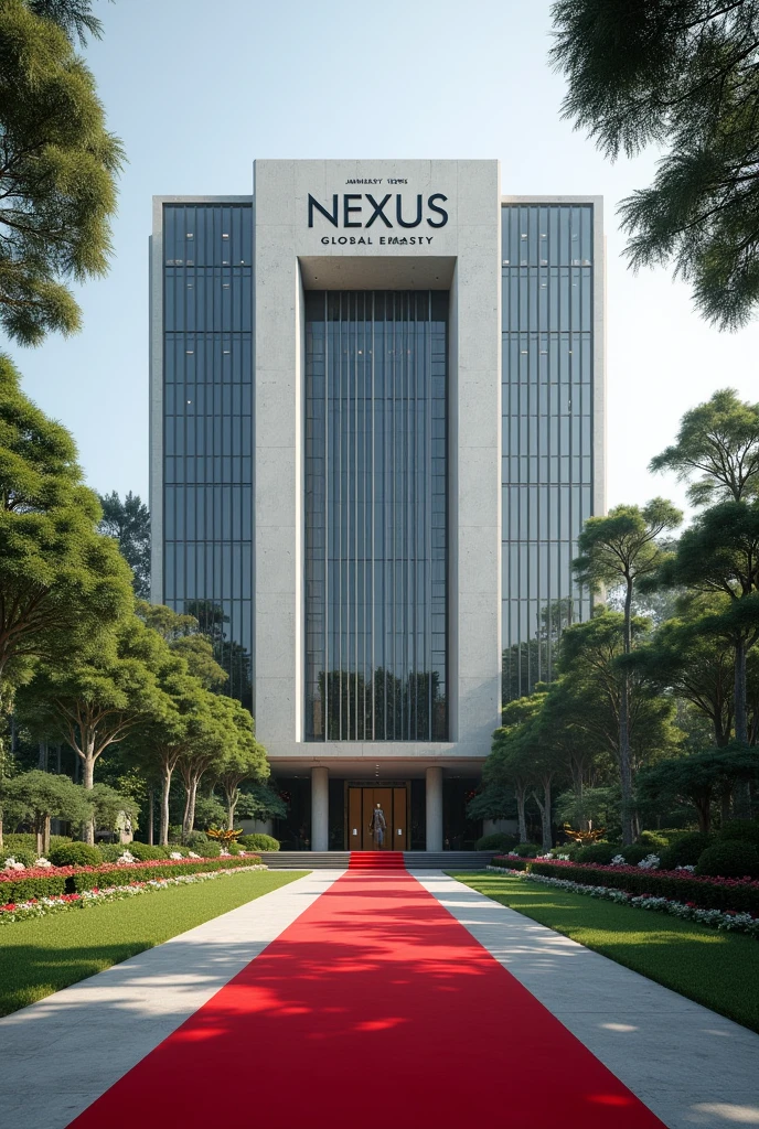 An image of a Corporate embassy  put the words Nexus Global Embassy I want it to have the words Nexus Global  Embassy on a concrete.The building has its own compound that is extremely developed with grass, trees and flowers Singaporean architecture expose the words Nexus Embassy with red carpets covering the whole entrance 