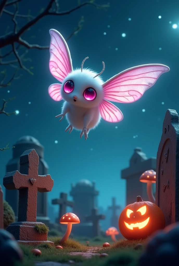 A cute spannisch luna moth with white fluffy boddy and big pink eyes flies into the starlit night sky. Below are gravestones, glowing mushrooms and Halloween pumpkins