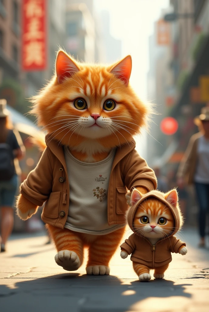 A large, fluffy orange cat wears a tattered, oversized shirt and walks purposefully down a city street. Beside it is a small, similarly colored kitten, dressed in a matching brown hoodie. The background showcases a busy urban setting with blurred pedestrians, creating a lively atmosphere.