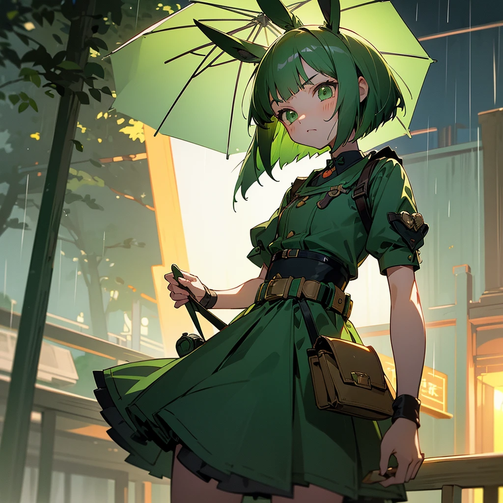Green rabbit ears, green animal ears, a girl, bob cut, green hair, green eyes, look young, alone, short, tiny,Lolita, childhood, overall, belt, waist bag, waist pouch, kawaii, cute,face, serious look, outside, shrine, at night, with rain