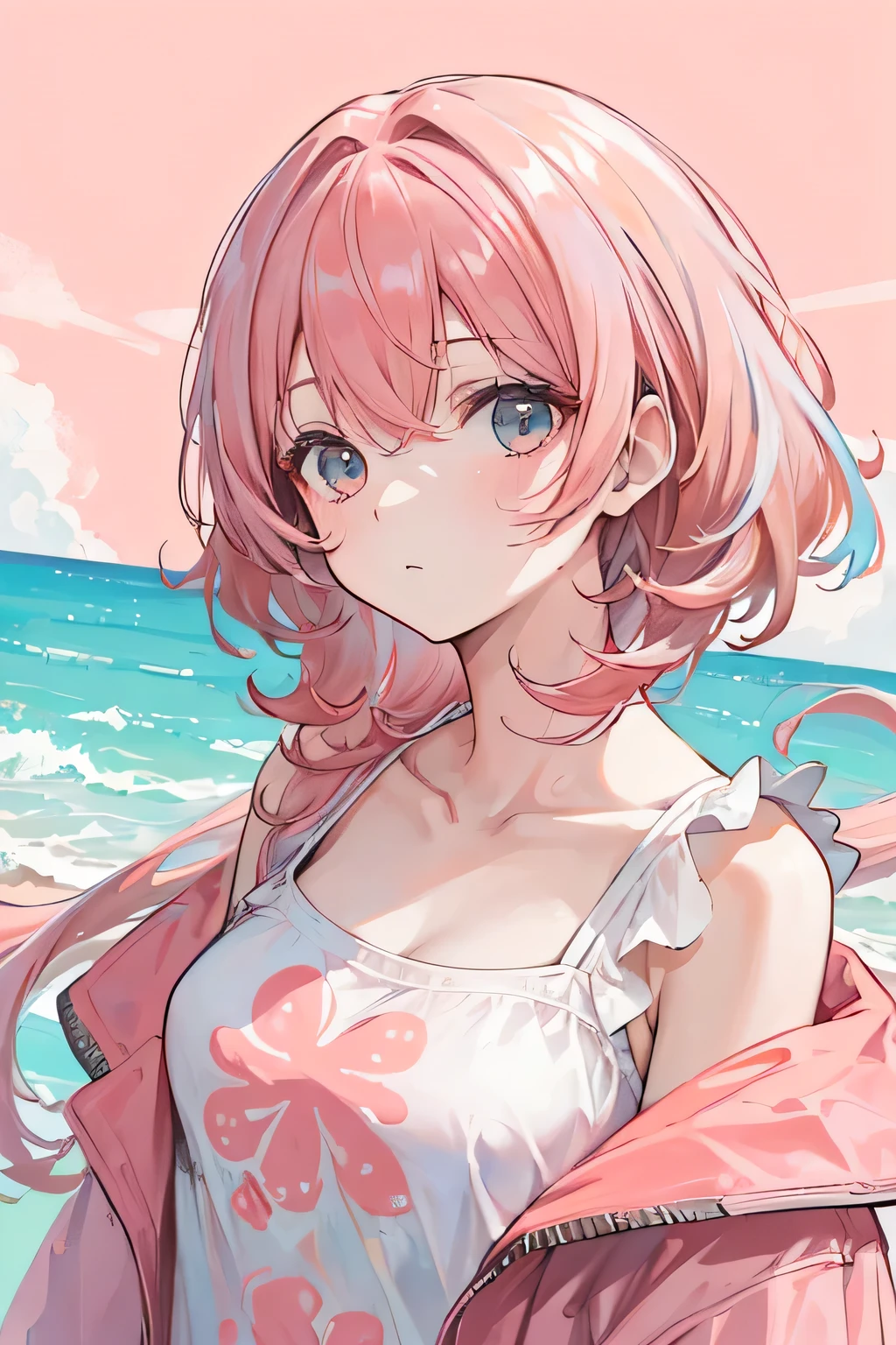 (((One person))), ((((alone)))), ((Messy hairstyle)), (((Coral pink hair)),light blue