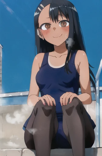 masterpiece, best quality, 1 Girl, Solitary,sit, Poolside,Small Breasts, masterpiece, Professional artwork, Famous Artworks, Perfect face ,Hayase Nagatoro, Hair accessories, Shiny brown eyes, Hairpin,Dark Skin, Black Hair, Black pantyhose, Dark blue one-piece school swimsuit,Cowboy shooting, Black Hair, Pretty Face, Smile, s eyes, ((Perfect female body, Willow Waist)), Stinky feet, Steam around feet, There are a lot of water drops on the soles of feet，Water dripping from the soles of feet，Sweating all over，Sweating, Two feet，Each foot can only have five toes，Good feet，Nice looking feet, Black pantyhose，Pantyhose soles facing the audience