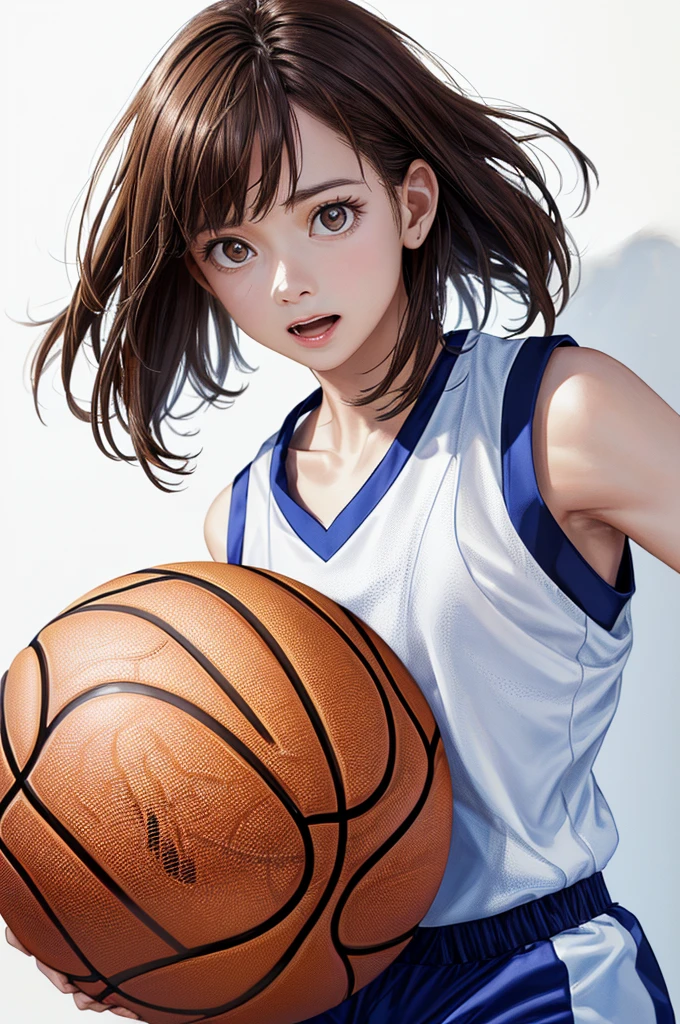 (((Frame In、Pure white wall background、Highest quality、8k、32K、masterpiece)))、(Realistic)、(Realistic:1.2)、(High resolution)、Very detailed、Very beautiful face and eyes、1 person、Round and small face、Tight waist、Delicate body、(close、Highest quality、Attention to detail、Rich skin detail)、(Highest quality、8k、Oil paints:1.2)、Very detailed、(Realistic、Realistic:1.37)、Bright colors、(((Brown Hair)))、(((Brown Hair)))、(((Cowboy Shot)))、(((Bob Hair)))、(((Pure white wall background)))、(((Wearing a basketball uniform)))、(((red basketball outfit)))、(((Surprised face)))、(((1 female)))、(((Tank top style uniform)))、