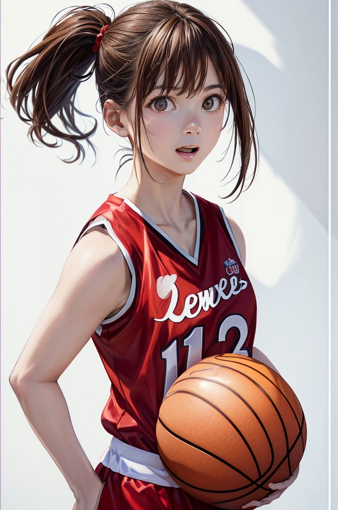 (((Frame In、Pure white wall background、Highest quality、8k、32K、masterpiece)))、(Realistic)、(Realistic:1.2)、(High resolution)、Very detailed、Very beautiful face and eyes、1 person、Round and small face、Tight waist、Delicate body、(close、Highest quality、Attention to detail、Rich skin detail)、(Highest quality、8k、Oil paints:1.2)、Very detailed、(Realistic、Realistic:1.37)、Bright colors、(((Brown Hair)))、(((Brown Hair)))、(((Cowboy Shot)))、(((Bob Hair)))、(((Pure white wall background)))、(((Wearing a basketball uniform)))、(((red basketball outfit)))、(((Surprised face)))、(((1 female)))、(((Tank top style uniform)))、