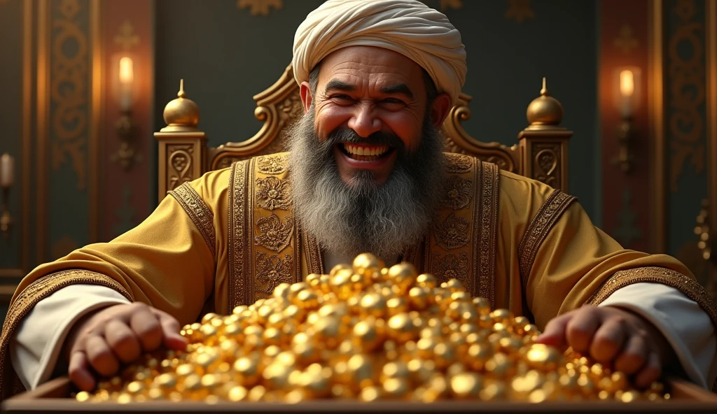 An arrogant rich Muslim man named Qorun with a lot of gold in a chest is laughing