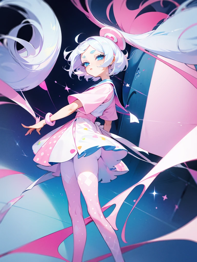 Cute girl with blue eyes and short white hair and white eyelashes with white eyebrows and loose clothing pastel pink shirt, white skirt with pink dots and blue stars with pink transparent tights and with pink My Melody style sneakers
