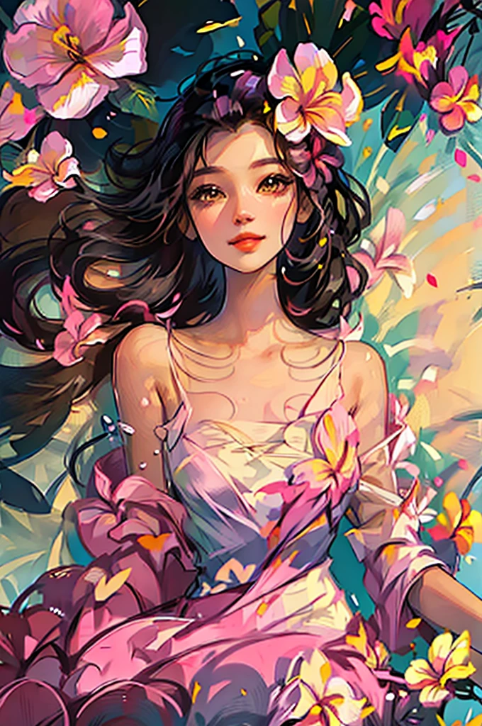 One person, alone, flower, dress, Black Hair, smile, pink flower, Plumeria, Lie in, white dress, pink yellow Plumeria, behind, lips, compensate, No sleeve, flower柄プリント