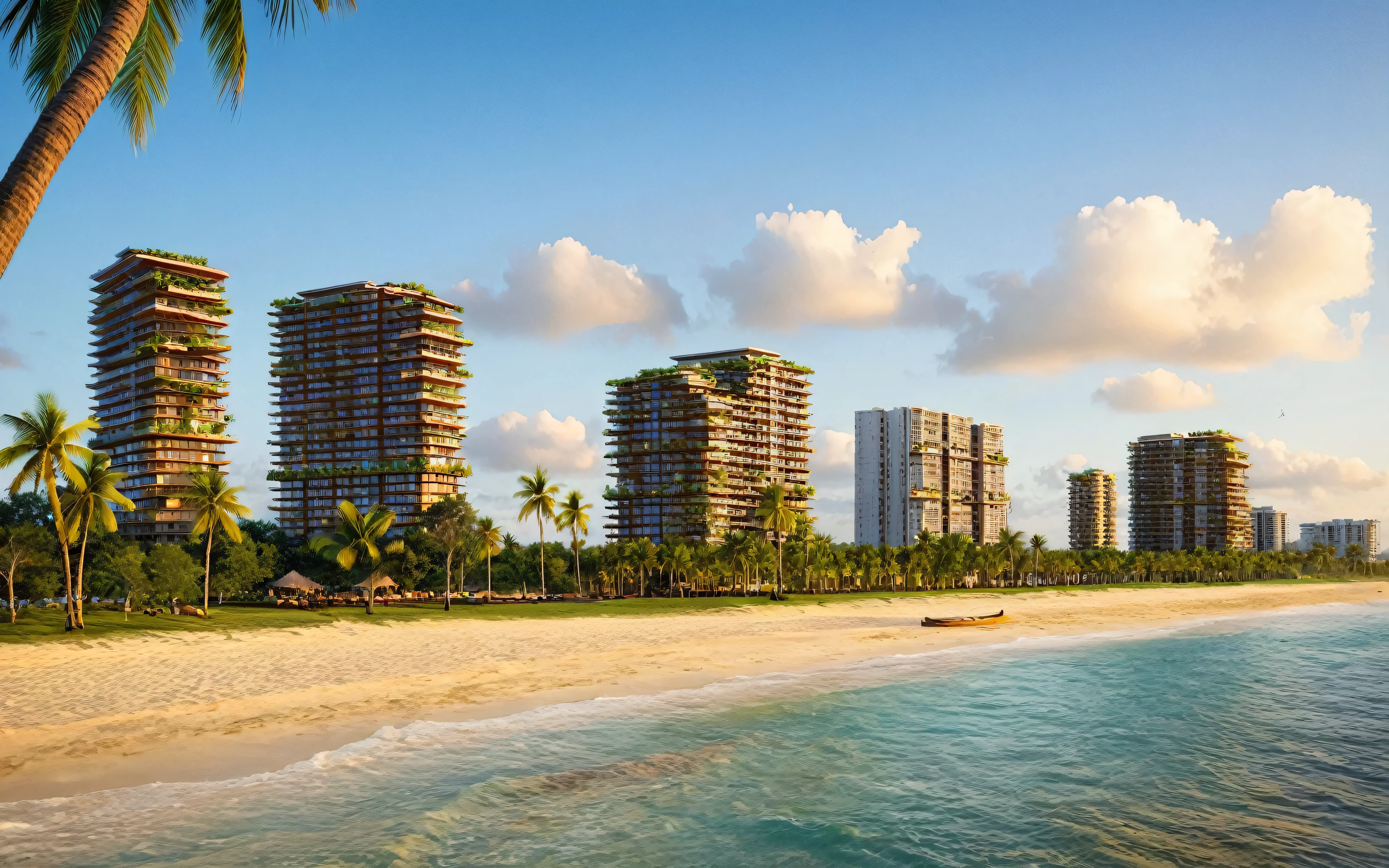 Masterpiece, high quality, best quality, authentic, super detail, outdoors, master plan, Sustainable beach resort master plan looking from a beach, nice sky, with beautiful beach, eco-friendly accommodations like elevated treehouses, natural water features, and integration with the surrounding marine environment, villas in the front and high rise buildings in the back, and well-designed recreational areas, (daylight:1.1)