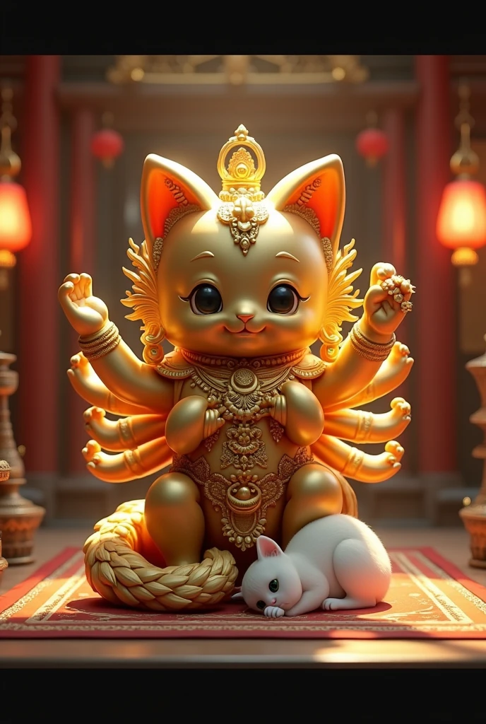 A cute and charming golden Thousand-Armed Kannon kitten statue、An atmospheric temple、Cinematic lighting、Cute white cat