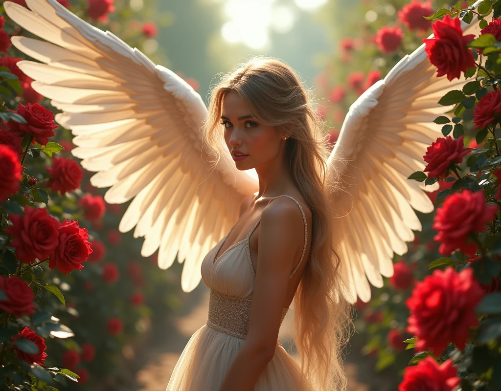 make a beautiful human woman, with wings surrounded by roses