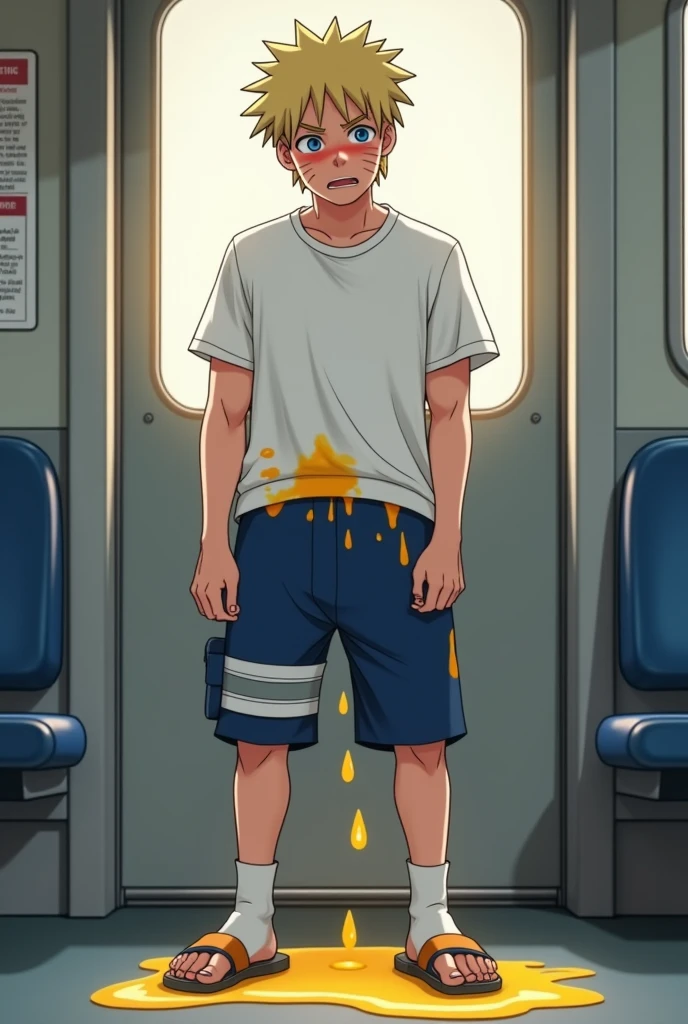 Young slender and mascular Naruto , morning train, , wearing blue short pants, white t shirt, he is peeing his pants, he couldn't hold his pee. There is a large wet spot on his pants, pee stain on his pants. his pee is leaking down from his pants. There is a pee puddle at his feet. He looks embarrassed. He is ashamed of peeing himself.pee in his pants wet pants pens are wet yellow pee 