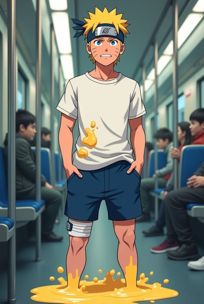 Young slender and mascular Naruto , morning train, , wearing blue short pants, white t shirt, he is peeing his pants, he couldn't hold his pee. There is a large wet spot on his pants, pee stain on his pants. his pee is leaking down from his pants. There is a pee puddle at his feet. He looks embarrassed. He is ashamed of peeing himself.pee in his pants wet pants pens are wet yellow pee
