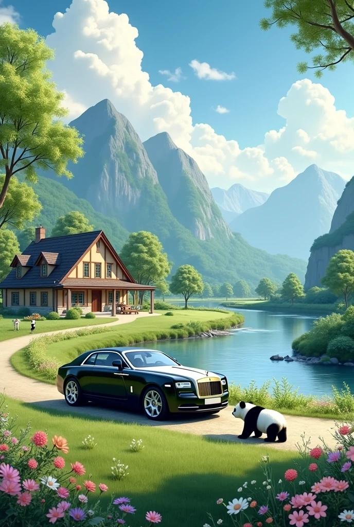 A beutiful house and house inside rolls Royce car green grass mountain near to rever and rever outside 100 flowers and clouds and morning time and beautiful trees and 3 panda