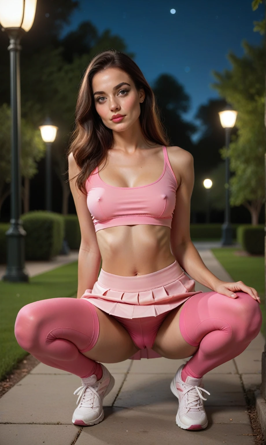 score_9, score_8_up, score_7_up, score_6_up, photorealistic, beautiful girl, brunette, slim, pink tight top, open belly, pink tight micro skirt, posing in park, squatting, looking at viewer, night,