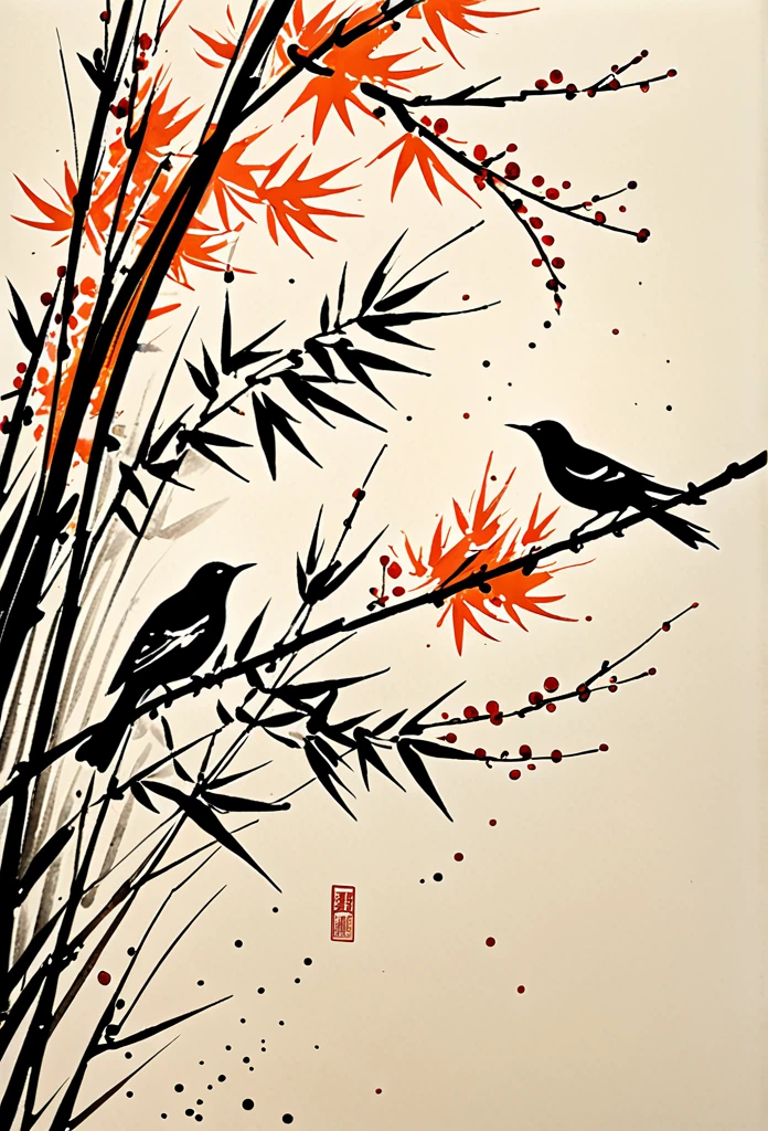 shukezouma, shuimobysim, ((starling)), willow branches, (masterpiece, best quality: 1.2), ((Traditional Chinese ink painting)), model style, bamboo branches, bamboo, wuchangshuo, red, orange, black, fire, starling, bird