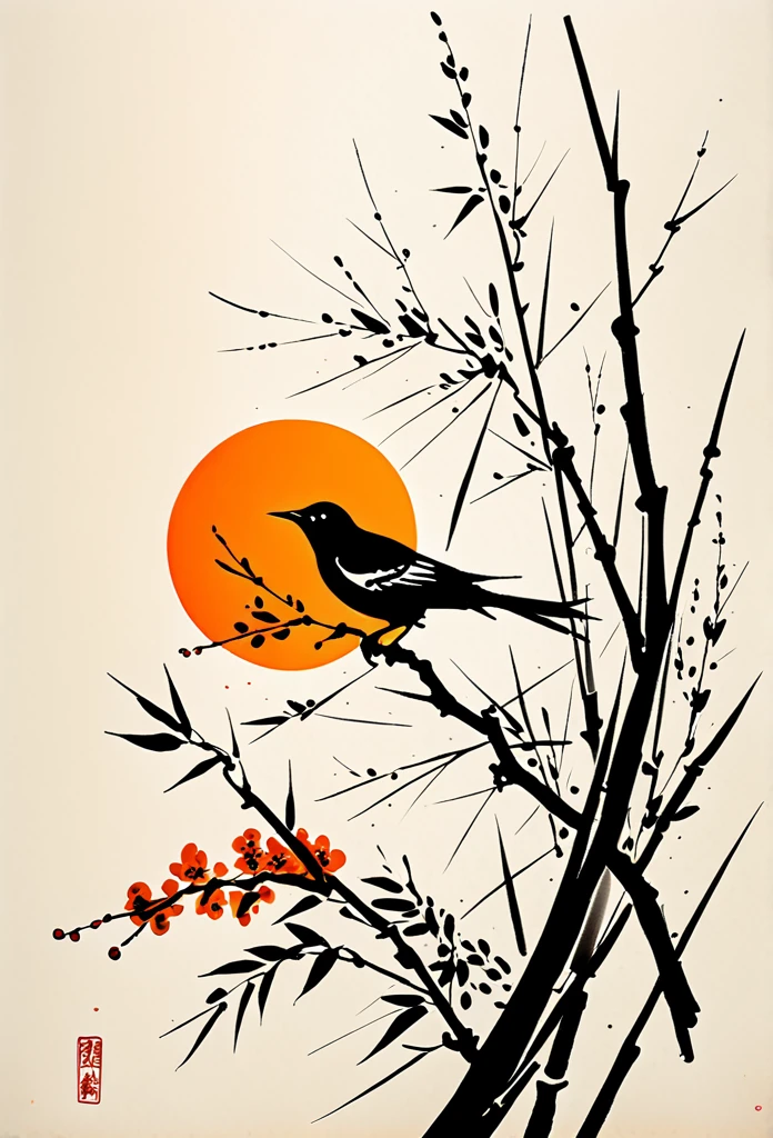 shukezouma, shuimobysim, ((starling)), willow branches, (masterpiece, best quality: 1.2), ((Traditional Chinese ink painting)), model style, bamboo branches, bamboo, wuchangshuo, red, orange, black, fire, starling, bird