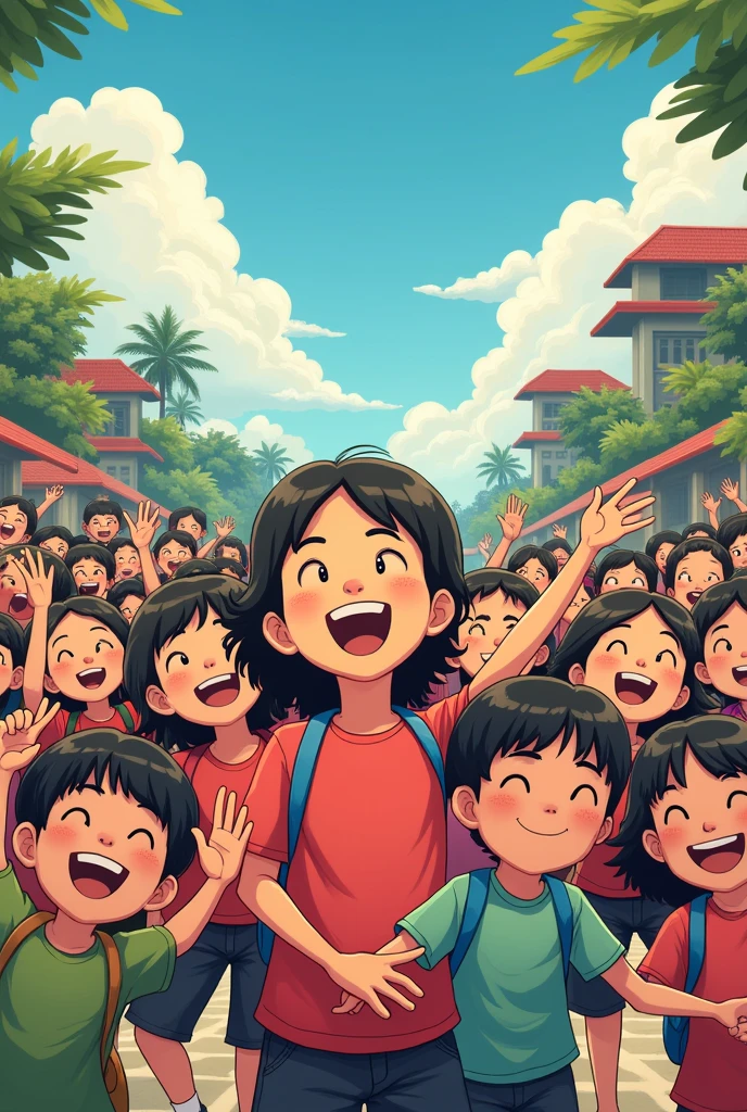 Make an anime themed picture: We, Indonesian elementary school children, bringers of peace and joy, themed IR's 79th Anniversary