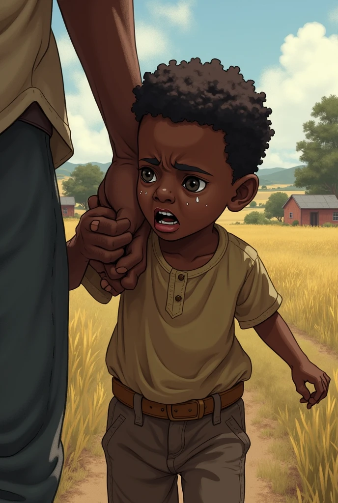Un enfant noir qui ne veut pas aller au champs et son père le tiens par la main de force, This child is angry and crying