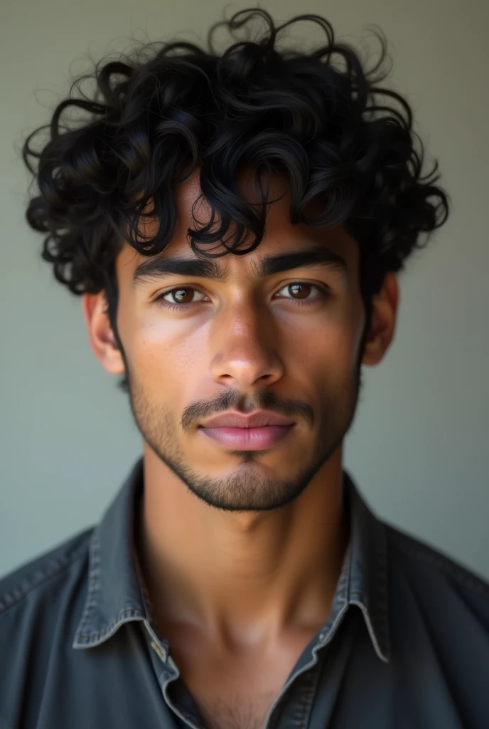   Create a hyper-realistic portrait of a young man with thick, voluminous curly black hair. He has smooth, light brown skin, almond-shaped brown eyes, and full, well-defined lips. The man has a slight stubble on his jawline and is wearing a dark gray shirt with a casual, slightly unbuttoned collar. His expression is neutral and calm, with a direct gaze into the camera. The lighting should be natural and even, highlighting the soft texture of his skin and the depth of his eyes. The background is simple and not distracting, allowing the focus to remain on his face and upper body.