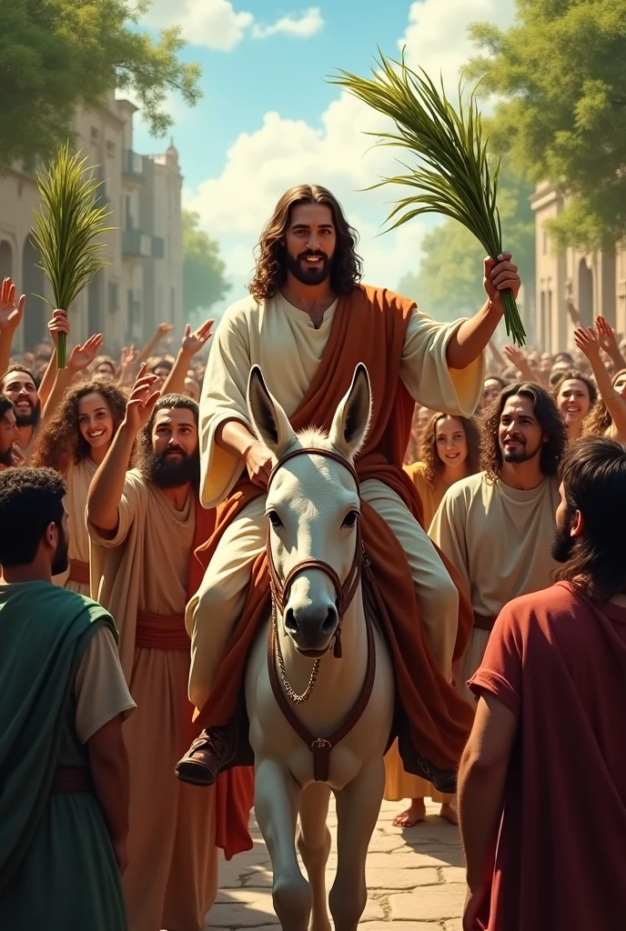 Jesus riding a donkey with people around with branches in their hands happily