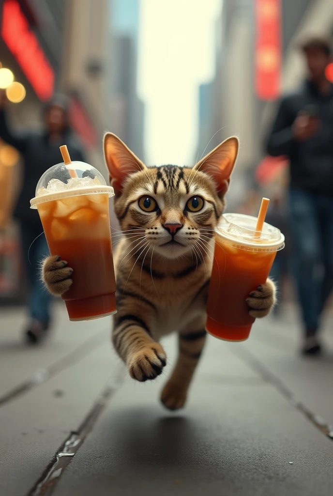 Type: Ultrarealistic
Subject: A frantic yet determined cat running down a busy street while holding two large iced coffee cups, one in each paw. The cat's expression is wide-eyed and focused, clearly determined to not spill a drop despite the chaos around it. The cat's fur is sleek and slightly ruffled by the speed of its movement. Its body is in full sprint, with legs stretched out in a mid-run pose. The scene is full of motion and energy, capturing the urgency of the moment.
Environment: A bustling urban street with blurred figures of people and brightly lit storefronts in the background, creating a sense of fast-paced action. The background should convey motion blur to emphasize the speed at which the cat is running.
Art Style: Photorealistic with a strong focus on capturing the movement and dynamic energy of the scene. The details of the cat's fur, the iced coffee cups, and the surrounding urban environment should be clear and vivid.
Lighting: Natural outdoor lighting with reflections and highlights from the streetlights and storefronts, creating a lively and vibrant atmosphere.
Camera: Low-angle action shot from the front, centered on the cat as it runs, with the background slightly blurred to enhance the sense of speed and motion.
Resolution: 4K, ultra-high-definition, ensuring sharp details on the cat and the iced coffee cups, with motion blur effects in the background.

{Ultrarealistic cat running with iced coffee, dynamic urban setting, motion blur, photorealistic, high-definition, action shot}
