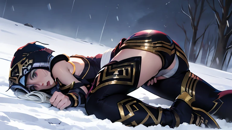 league of legends Ashe, warrior, wearing tights, her nipples shwon, camel toe, heroine, breast, getting touced by enemy, lies down, legs open pose, (masterpiece, best quality), beautiful girl, badly defeated by opponents, embarrassed emotion, snow storm, legs wide open,abstract background, bright colors,  breasts, (solo), sexy face